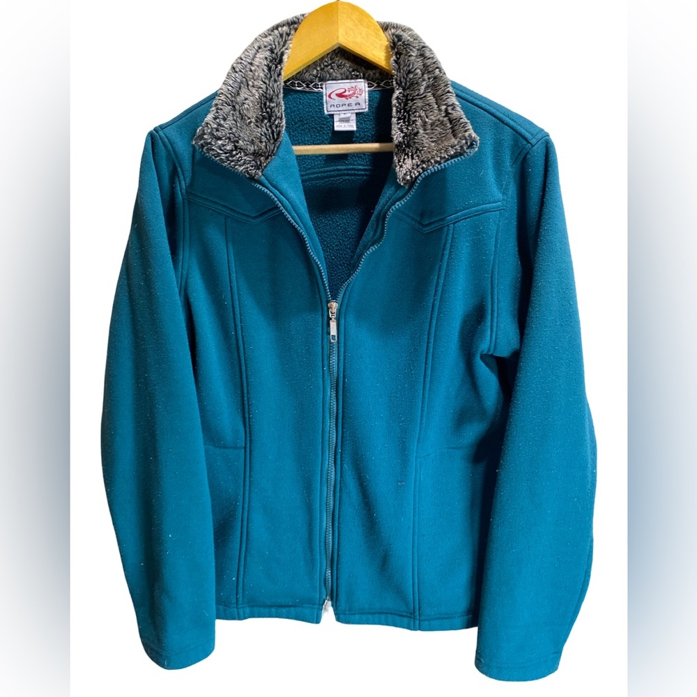 Roper Western Zip Sweatshirt Faux Fur Collar Teal Size‎ XL Cowgirl Jacket